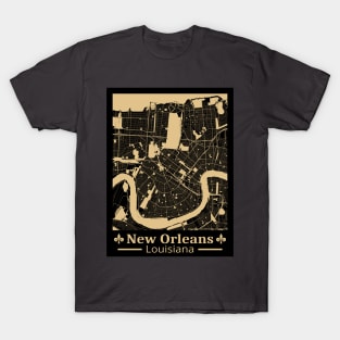 New Orleans Map - Black & Gold T-Shirt